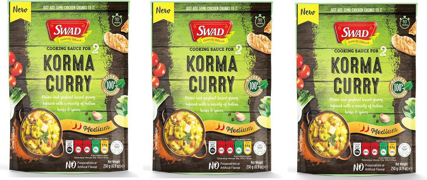 SWAD Korma Curry Cooking Sauce | Onion and Yoghurt based Gravy | Infused with a Variety of Indian Herbs and Spices | Pack of 3 | 250g Each(750 g)