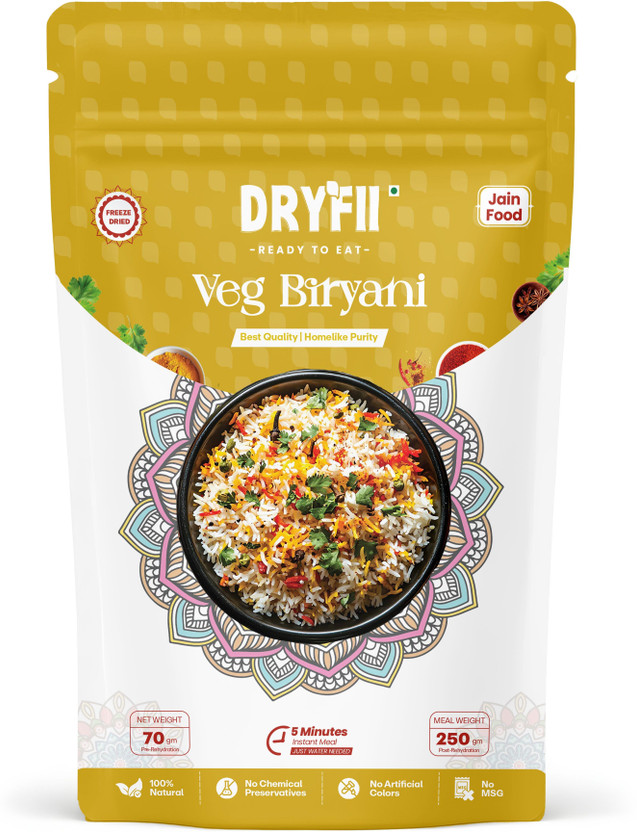 Dryfii Ready-to-Eat Jain Veg Biryani No Onion, No Garlic Freeze Dried Rehydrated Weight(250 g)