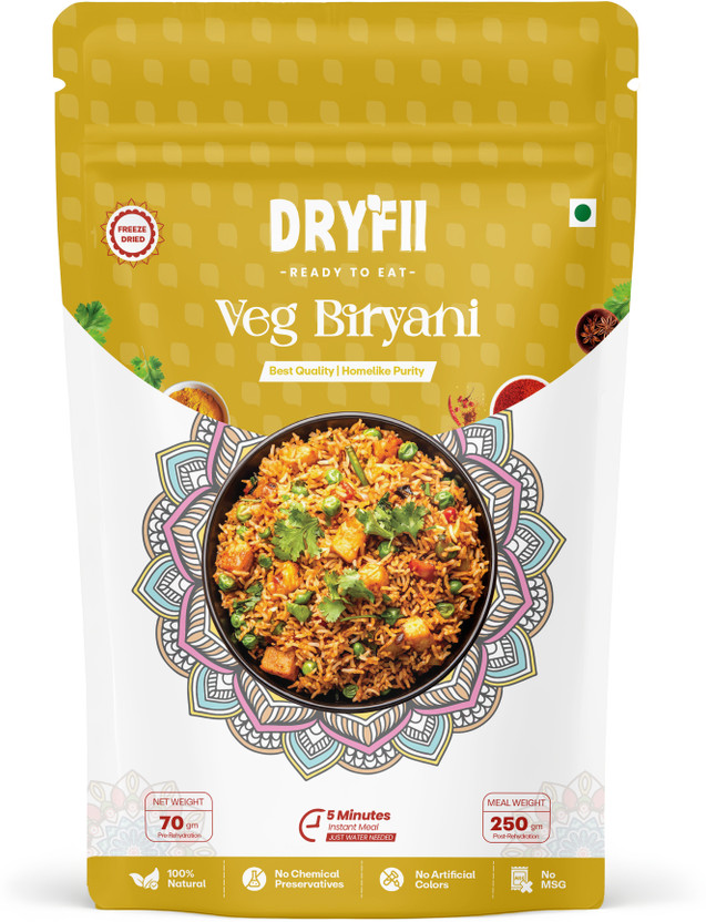 Dryfii Ready-to-Eat Instant Veg Biryani | Pure Veg | Freeze Dried | Rehydrated Wt.(250 g)