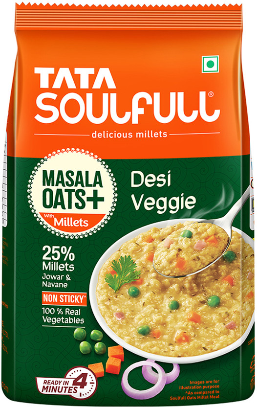 Tata Soulfull Masala Oats+, Desi Veggie, 25% Millets, Real Veggies, Non Sticky, Healthy Snack Pouch(500 g)