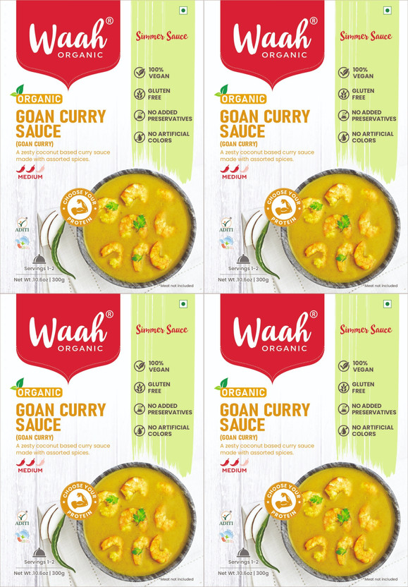 Waah Organic Goan Curry Sauce (Goan Curry), Ready to Eat, Gluten-Free, Vegan, 300g x 4(1200 g)