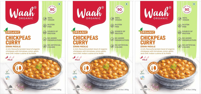 Waah Organic Chickpeas Curry (Chana Masala), Ready to Eat, Gluten-Free, Vegan, 300g x 3(900 g)