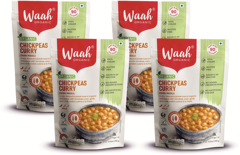 Waah Organic Chickpeas Curry (Chana Masala), Ready to Eat, Gluten-Free, Vegan, 300g x 4(1200 g)