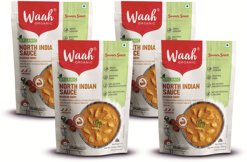 Waah Organic North Indian Curry ( Makhani Curry), Ready to Eat, Gluten-Free, Vegan, 300g x 4(1200 g)