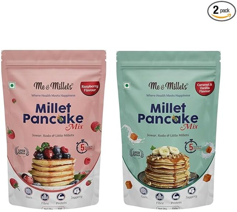 ME & MILLETS Millet Pancake Mix, Raspberry & Caramel Flavour | 2 x 150g | No refined Sugar 300 g(Pack of 2)