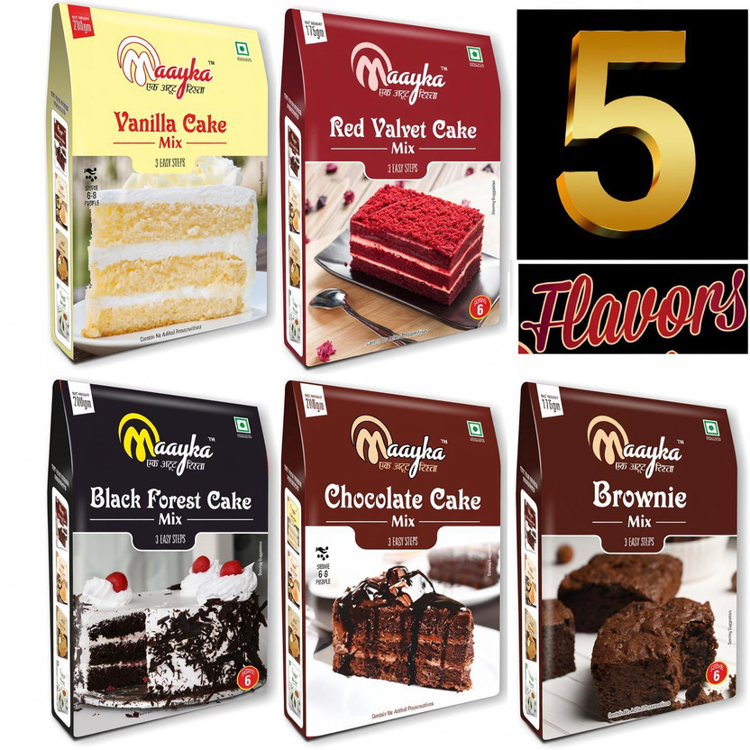 Maayka - Ek Atoot Rishta Egg Free|Cake Mix|Vanilla+Chocolate+Red Velvet+Black Forest+Brownie Mix 925 g(Pack of 5)