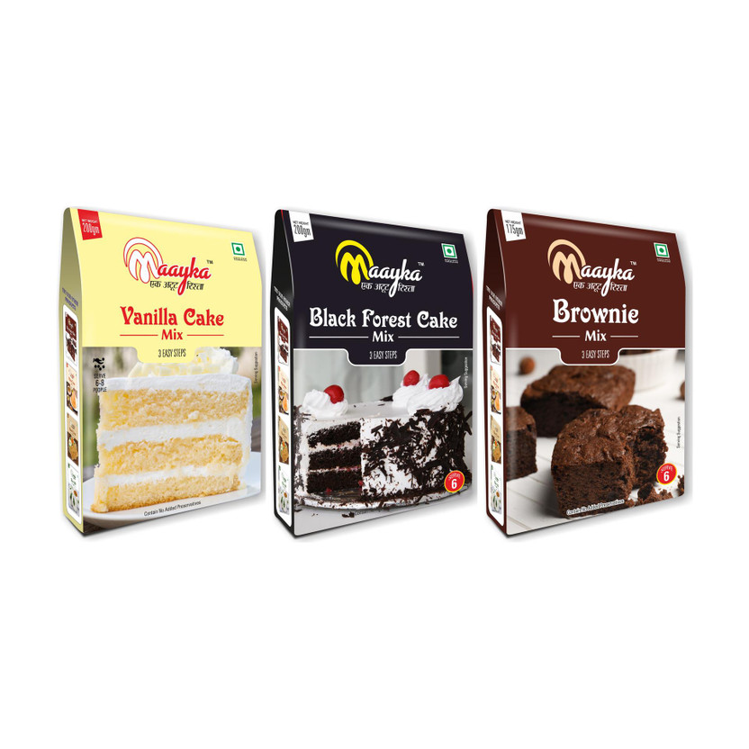 Maayka - Ek Atoot Rishta Maayka|Egg Free|Cake Mix|Vanilla Cake Mix + Black Forest + Brownie Mix 575 g(Pack of 3)