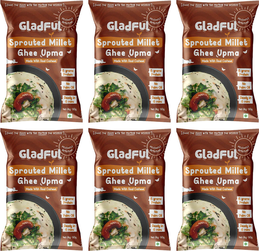 Gladful High Protein Instant Upma Mix Made with Sprouted Millet, Ghee & Cashew Suji/Rawa 60 g(Pack of 6)