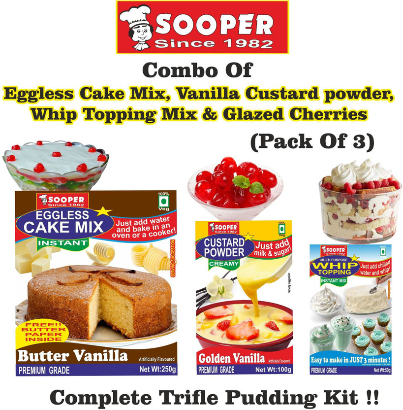 SOOPER TRIFLE PUDDING KIT (CAKE MIX + CUSTARD POWDER + WHIP TOPPING + GLAZED CHERRIES) 450 g(Pack of 3)