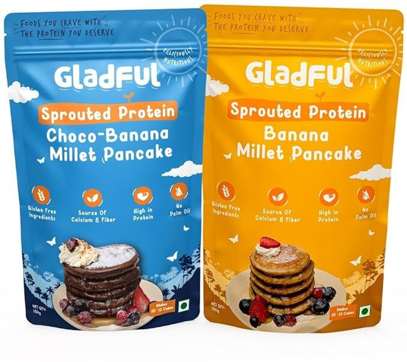 Gladful Sprouted Protein Banana and Choco-Banana Millet Pancake Mix 300 g(Pack of 2)