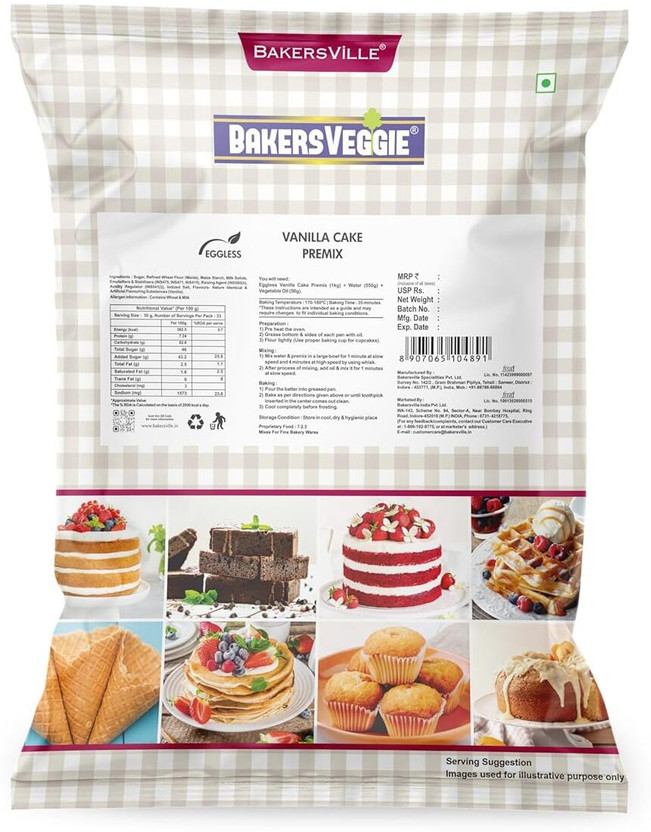 Bakersveggie Eggless Vanilla Cake Premix (Cake Mix), 1kg 1 kg