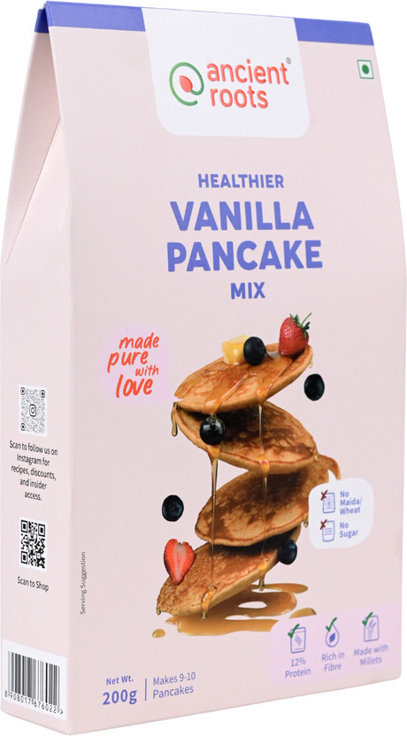 Ancient Roots Vanilla Pancake Mix, Vanilla Flavored Pancake Mix, Instant Healthy Breakfast Mixture, No Preservatives Added, 100% Vegetarian and Eggless, Ready to Cook Pancake Mix - 200 g pack | Vacuum Packed 200 g