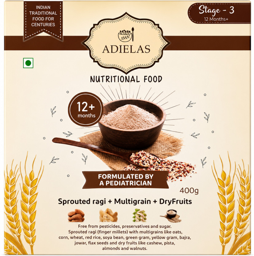 Adielas Nutritional Food – Sprouted Ragi + Multigrain + Dry Fruits (Stage 3). 400 g