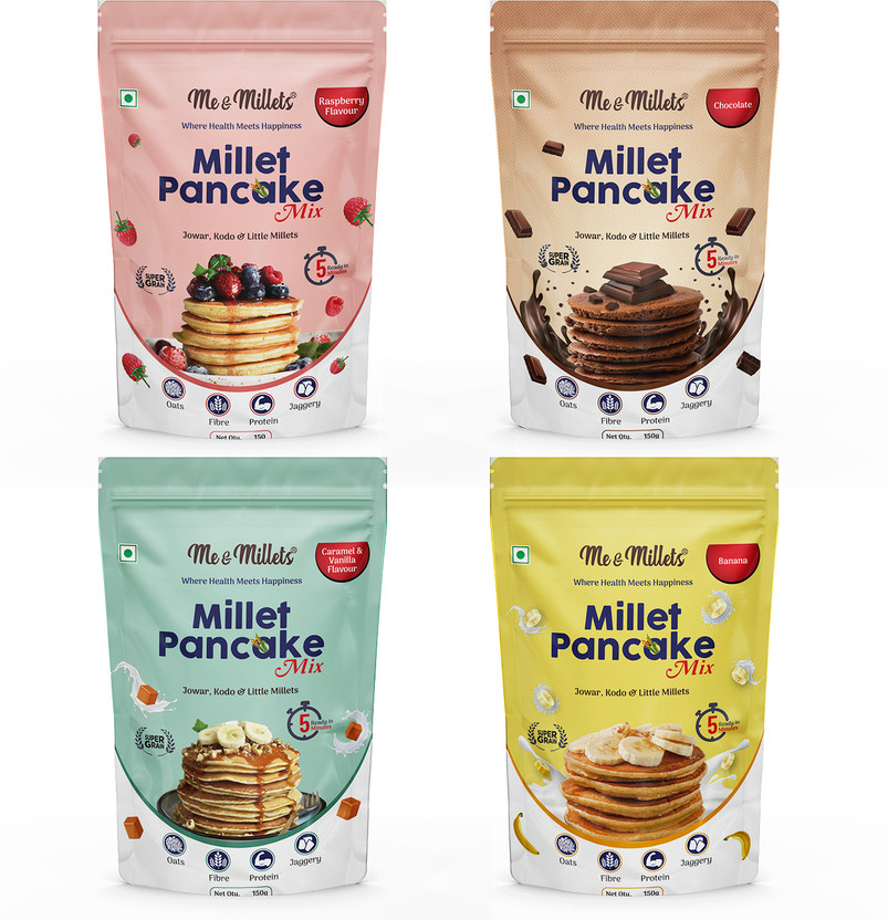 ME ME & MILLETS Pancake - Assorted Pack of 4 (Caramel and Vanilla, Banana, Raspberry, Chocolate) 600 g - Flipkart Deal