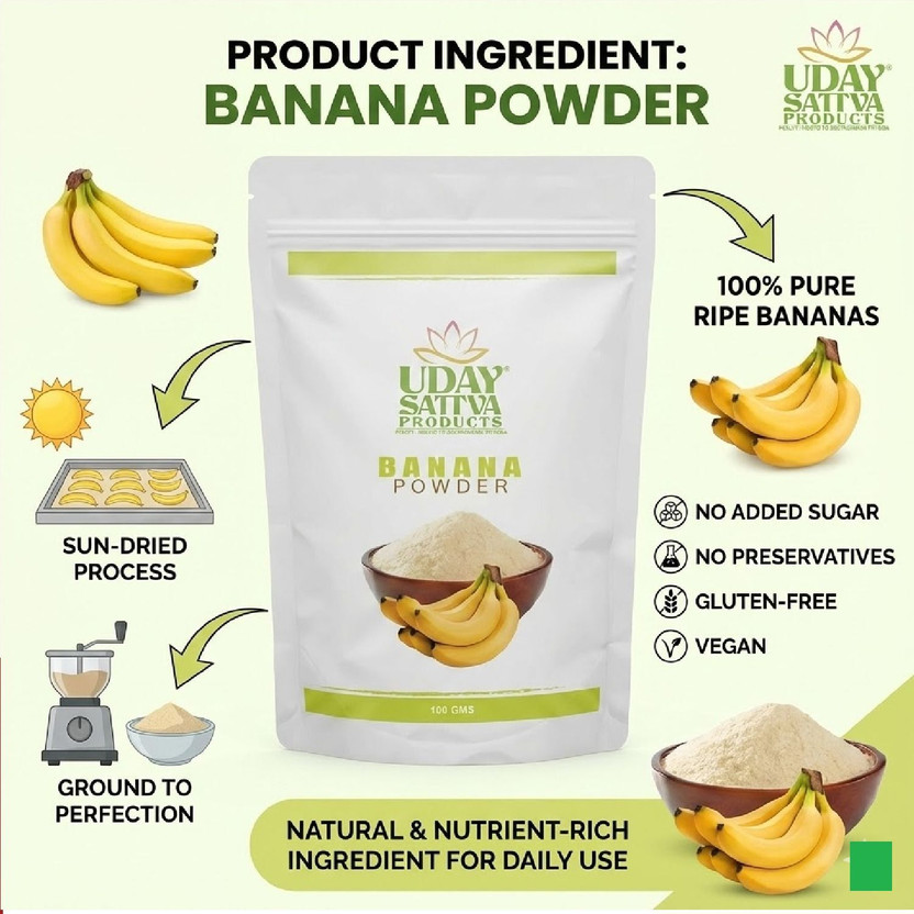 Uday Sattva Products Banana Powder, 100% Pure Natural, Sun-Dried, Gluten-Free, Vegan, 100 g