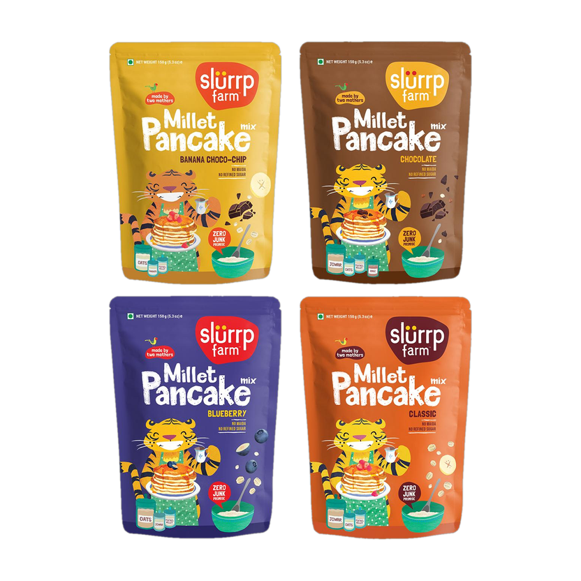 Slurrp Farm Healthy Pancake Lovers Combo | Blueberry, Classic, Chocolate & Banana | No Maida, Wheat & Preservative | Made with Millets | 150g*4 600 g(Pack of 4)