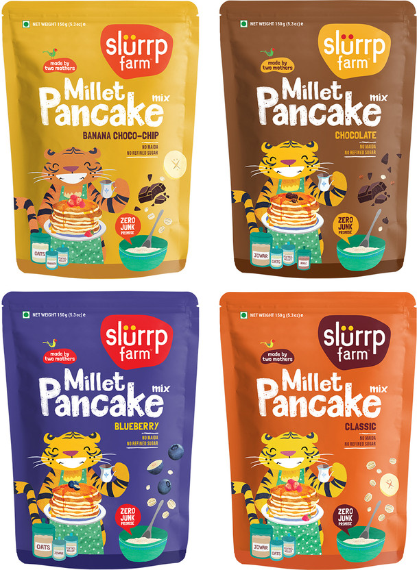 Slurrp Farm Healthy Pancake Lovers Combo | Blueberry, Classic, Chocolate & Banana | No Maida, Wheat & Preservative | Made with Millets | 150g*4 600 g(Pack of 4)