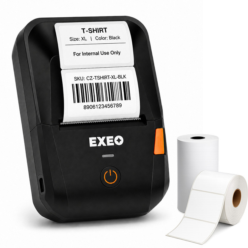 EXEO EX58C 2 Inch Bluetooth Thermal Label & Receipt Printer | 203 DPI | Portable Single Function Monochrome Label Printer(Label Roll)