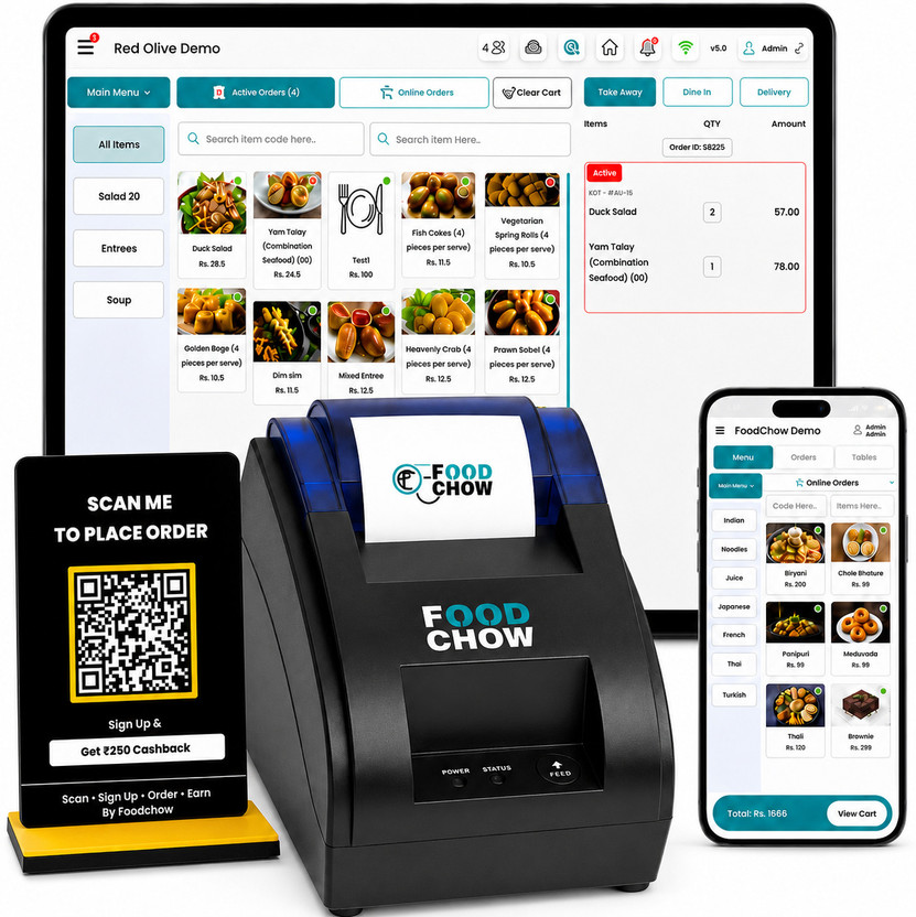 FoodChow POS Billing Software for Restaurants Cafes + 2 Inch (58mm) Printer Machine Thermal Receipt Printer
