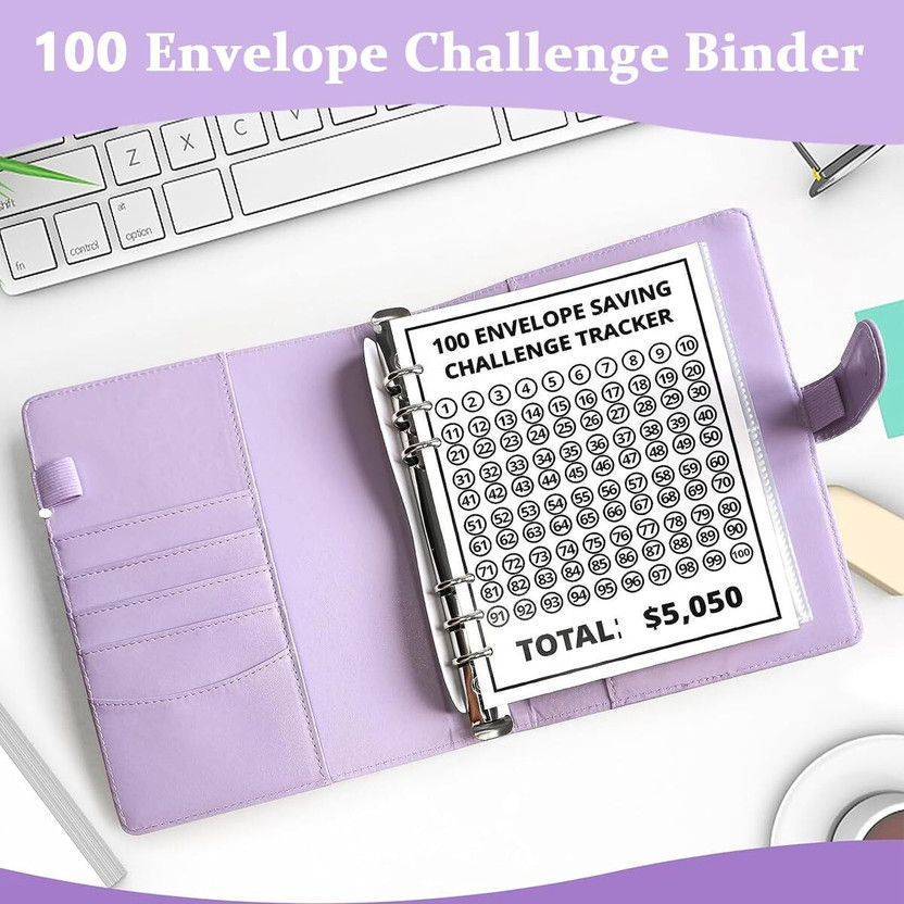 JiyanEcommerce File Folders for Documents Ring Binder Notebook Set, A6 PU Leather File Folder A6 Size Budget Binder Set(Set Of 1, Purple)