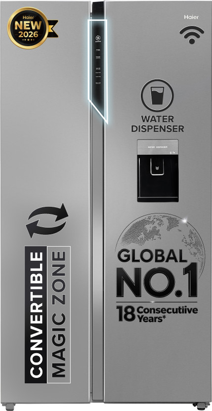 Haier 596 L Frost Free Side by Side Convertible Refrigerator  with Expert Inverter Smart Sense AI enabled 2-Door , 3 Star ,(Magic Convertible, In-built Water Dispenser, 2026 Model)(Shiny Steel, HRS-682SWDU1)