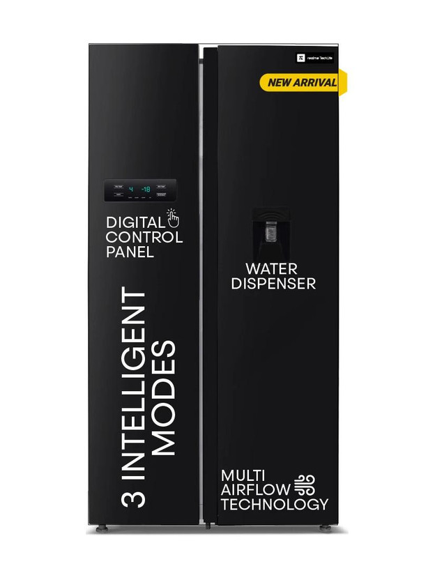 realme TechLife 584 L Frost Free Side by Side Refrigerator  with Water Dispenser, Farm Fresh Technology, and Digital Control Panel(Black, 584MS025RMBD)