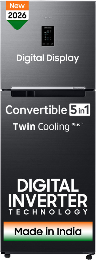 Samsung 301 L Frost Free Double Door 2 Star Refrigerator  with Convertible 5-in-1, Digital Inverter, Digital Display, 2026 Model(BLACK DOI, RT31H4522B1/HL)
