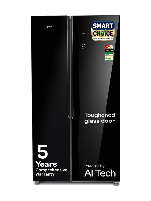 Godrej 540 L Frost Free Side by Side 3 Star Refrigerator  with AI Powered 4 Intelligent Modes Advanced Contol Panels Toughened Glass Door(Black, RS EONVELVET 580C RID GL BK)