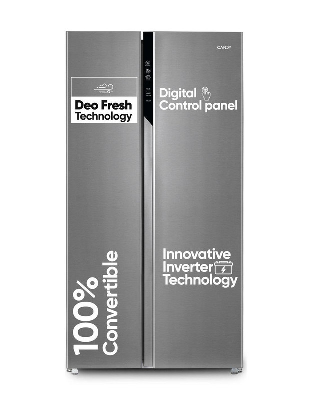 CANDY 602 L Frost Free Side by Side Refrigerator  with 100 % Convertible refrigerator with Deo Fresh Technology , Innovative Inverter Compressor Technology(Shiny Steel, CSS6600TS)