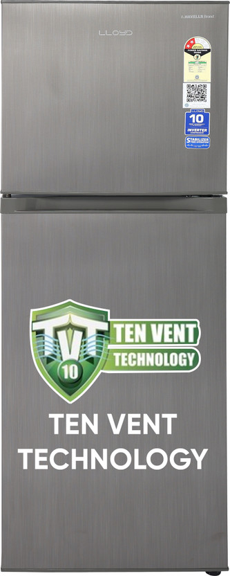 Lloyd by Havells 233 L Frost Free Double Door 2 Star Refrigerator  with with Inverter Technology, Ten Vent Technology, Chiller Tray, Fleximax Design(Dark Steel, GLFF262EDST1GC)