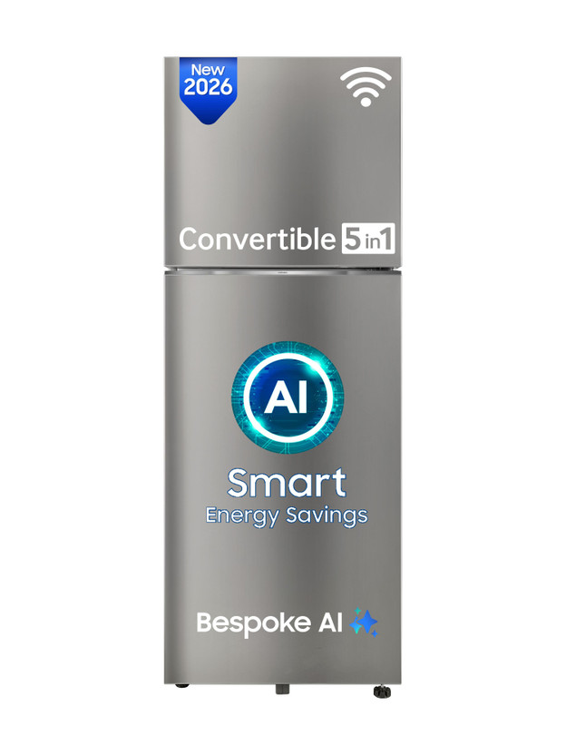 Samsung 330 L Frost Free Double Door 2 Star Refrigerator  with Convertible 5-in-1, Wifi Enabled, Bespoke AI, Digital Inverter, 2026 Model(EZ CLEAN STEEL, RT34HG5A42SLHL)