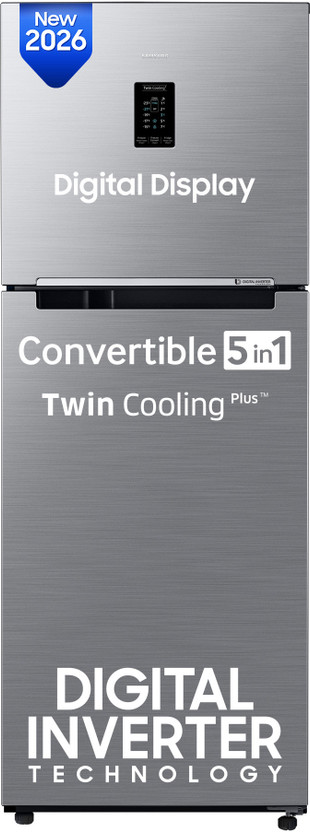 Samsung 301 L Frost Free Double Door 2 Star Refrigerator  with Convertible 5-in-1, Digital Inverter, Digital Display, 2026 Model(REFINED INOX, RT31H4522S9/HL)