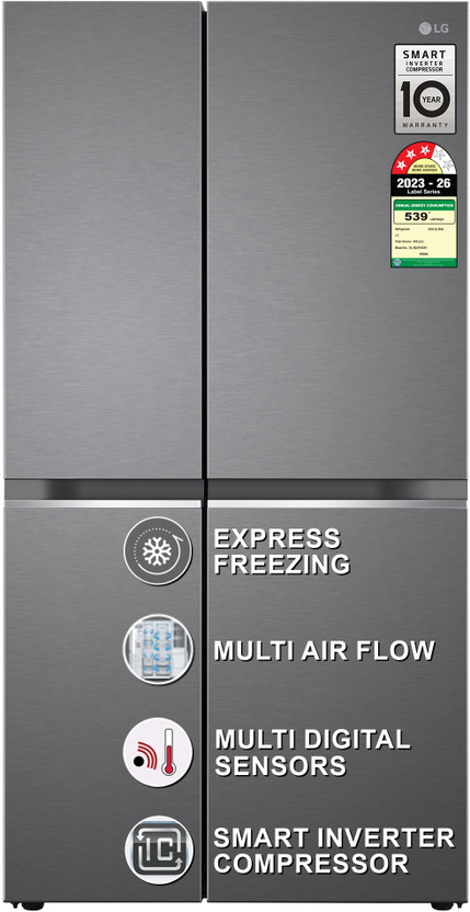 LG 655 L Frost Free Side by Side 3 Star Refrigerator  with Smart Inverter Compressor, Express Freeze, Easy Ice Maker & Multi Air Flow(Dazzle Steel, GL-B257HDSY)