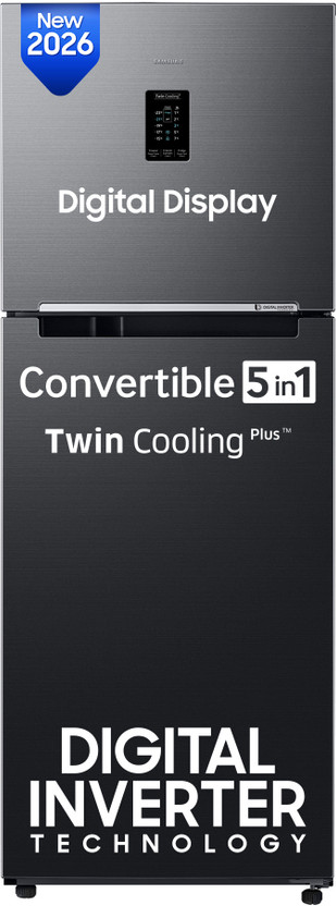 Samsung 301 L Frost Free Double Door 2 Star Refrigerator  with Convertible 5-in-1, Digital Inverter, Digital Display, 2026 Model(BLACK DOI, RT31H4522B1/HL)