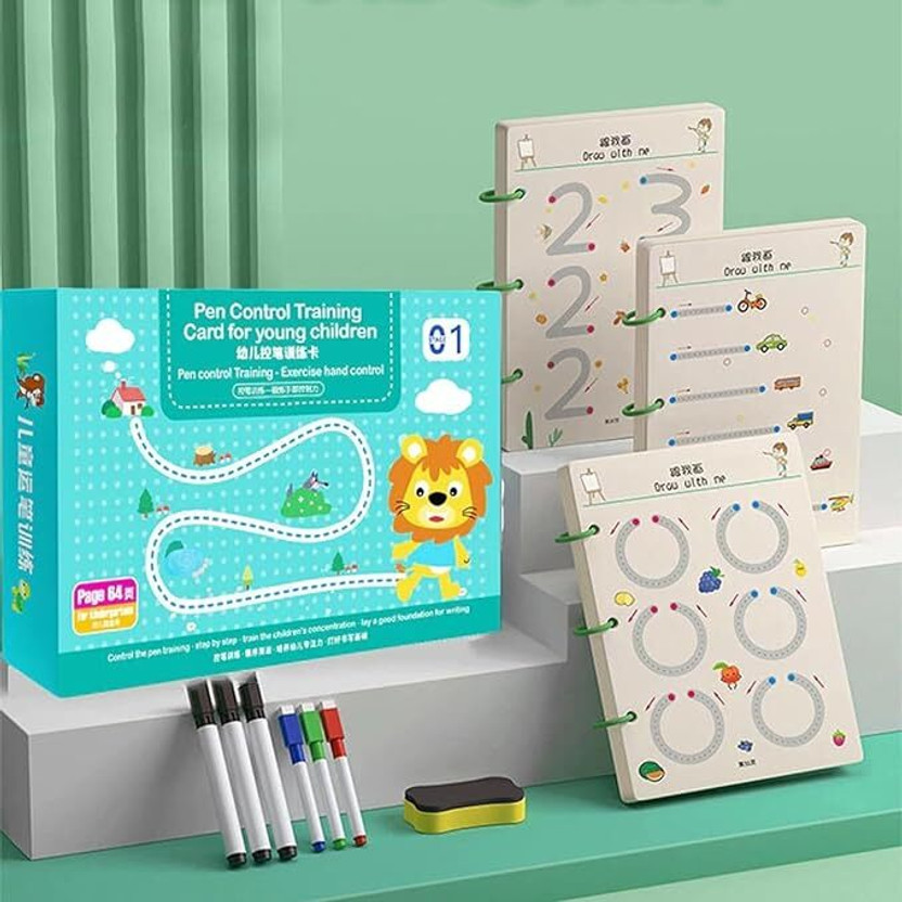 Kids Pen Control Training Cards For Handwriting Practice – Reusable Dry Erase Learning Book With Markers & Eraser, Early Writing Skill Development For Preschool & Kindergarten Children (64 Pages)(4 ring, blue)