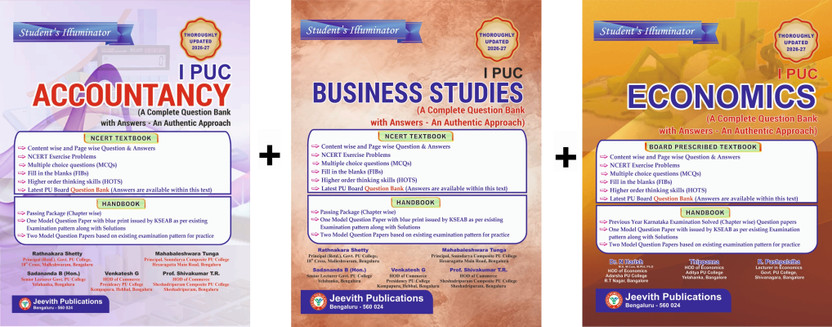 Jeevith Jeevith 1st PUC - ACCCOUNTANCY + BUSINESS STUDIES + ECONOMICS - Student's Illuminator | Set Of 3 Books| A Complete Question Bank With Answers - An Authentic Approach | Thoroughly Updated For 2026-27 |(Paperback, Ratnakara Shetty, Mahabaleshwara Tunga, Sadananda B., Dr. N. Harish, Thippanna) - Flipkart Deal