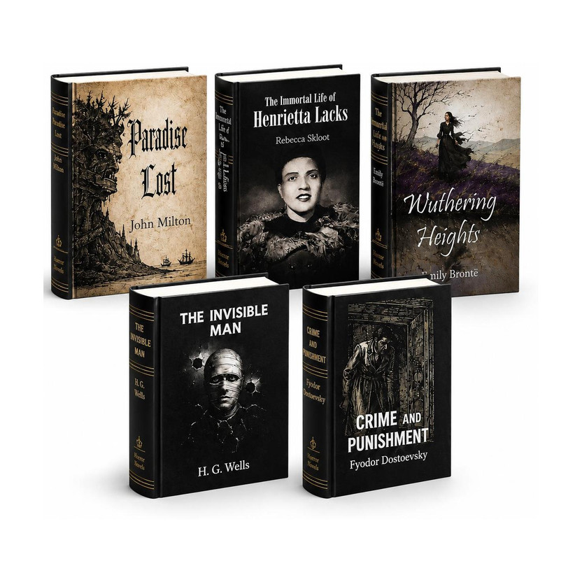 Most Terrific Horror Books Set Of 5. This Horror Novels Set Includes, Paradise Lost, Wuthering Heights By Emily Bronte, The Invisible Man, Crime And Punishment, The Immortal Life Of Henrietta Lacks(Paperback, H.G. Wells, John Milton, Rebecca Skloot)