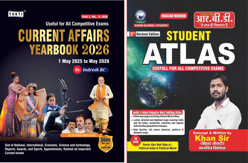Current Affairs Yearbook 2026 (1 May 2025–May 2026) + Student Atlas Book Combo Set (2 Books) English Medium | India's Best Selling Atlas For UPSC, SSC, PSC, Railway & All Competitive Exams | Includes Akhand Bharat Map & 2 Free Wall Maps(Paperback, Indresh RC, Khan Sir)