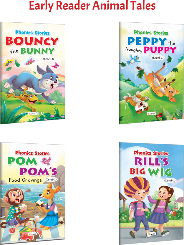 Phonics Stories Level-1: Peppy The Naughty Puppy, Pom Pom's Food Cravings And More :- Creative Phonics Reading, Preschool Kids Stories, Early Language Skills, Fun Learning Set | Set Of 4 Books(Paperback, GOWOO)