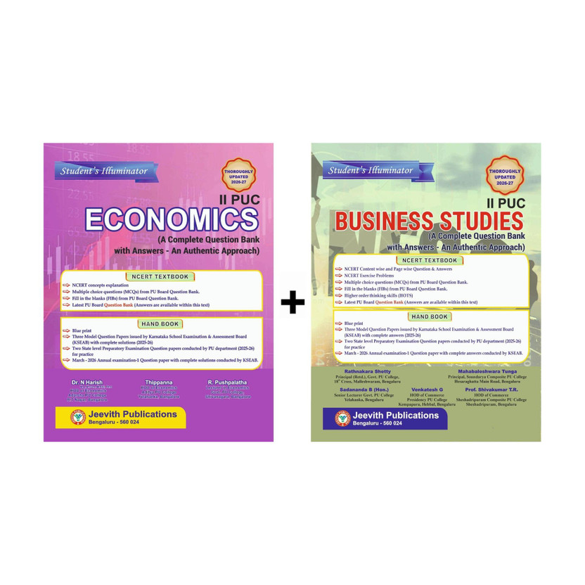Jeevith Jeevith 2nd PUC - ECONOMICS + BUSINESS STUDIES - Student's Illuminators |Set Of 2 Books |A Complete Question Bank With Answers -An Authentic Approach | Thoroughly Updated For 2026-27|(Paperback, N Harish, Thippanna, Rathnakar Shetty, Mahabaleshwar Tunga) - Flipkart Deal