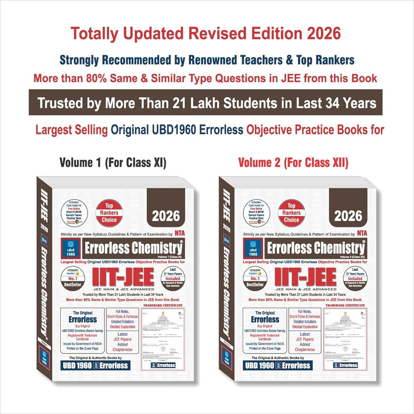 UBD1960 UBD1960 Errorless Chemistry For IIT-JEE (MAIN & ADVANCED) As Per NTA (Paperback+Smart E-Book) Updated New Edition 2026 (2 Volumes)(Paperback, UBD JEE EXPERT TEAM) - Flipkart Deal