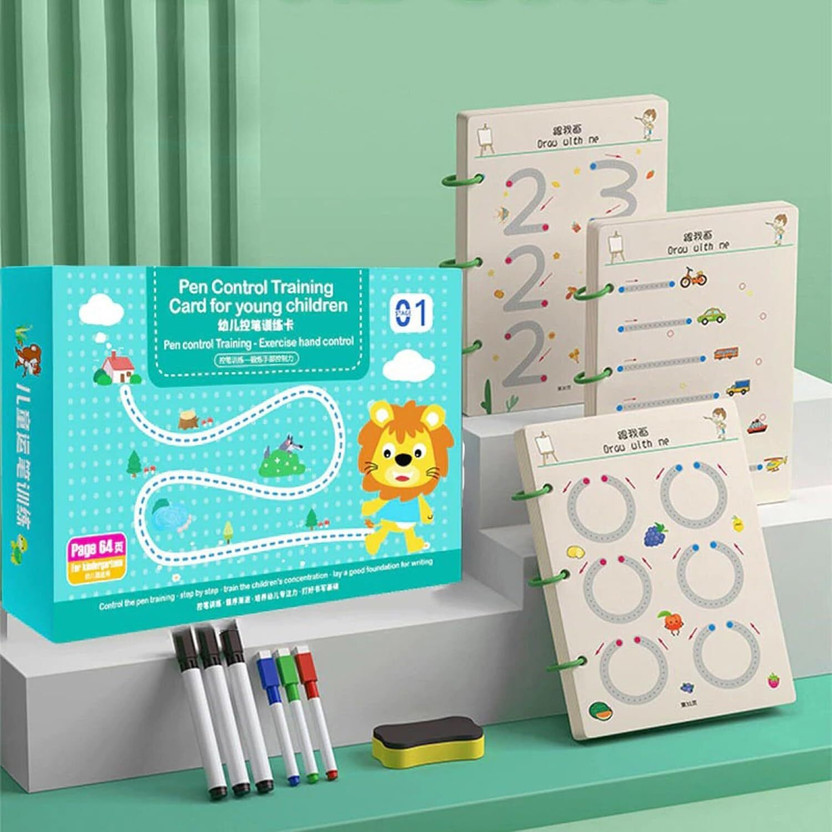 64 Pages Magical Tracing Workbook Set, Hand Writing Pen Control Training Book For Learning To Write The Alphabets & Numbers, Preschool Educational Reusable Learning Book For Kids(Spiral, China)