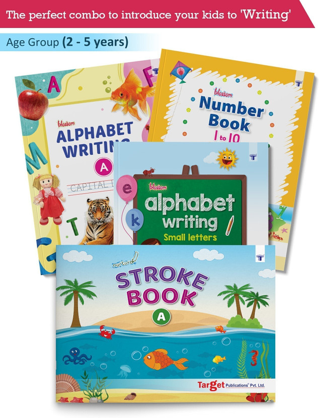 Nursery Writing Books For Kids (Combo Of 4 Books Viz. Nurture Stroke Book A, Blossom Alphabet Writing Small Letters, Blossom Alphabet Writing Capital Letters A And Blossom Number Book 1 To 10)(Paperback, Content Team at Target Publications)