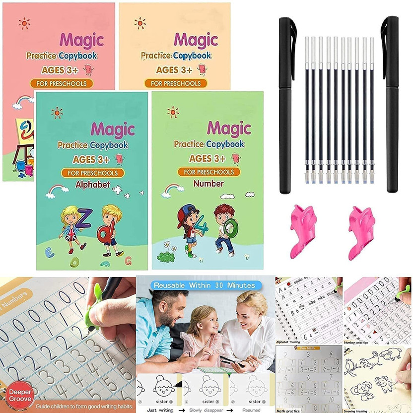 Reusable Copy ™ Reusable Handwriting Book for Kids: Smooth Pages & Fine Tip Pen Workbook A4 Memo Book RULE 40 Pages(Multicolor, Pack of 4)