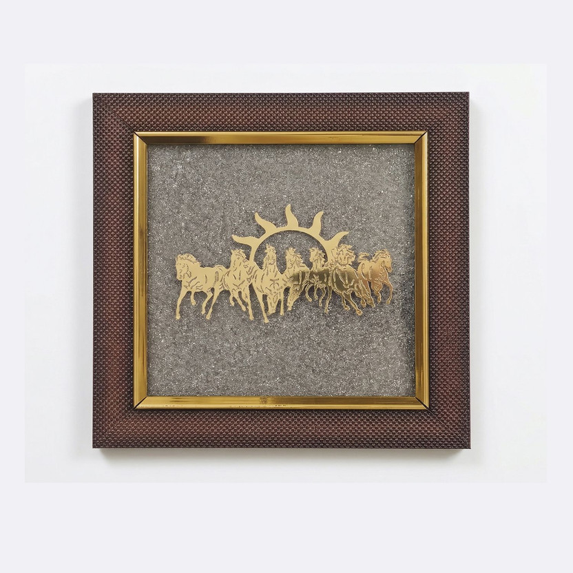 jhar art and craft 7 Horses with Sun on Raw Pyrite Stone Vastu Wall and Table Frame Decorative Showpiece  -  19 cm(Wood, Glass, Polyvinyl Chloride, Stone, Maroon, Gold, Yellow)