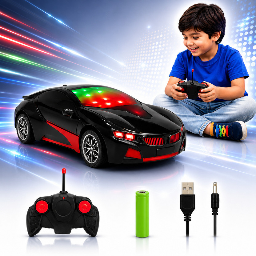 Buddynjoy 3D lighting kids high speed rechargeable remote control Car for 3+ Years(Black)