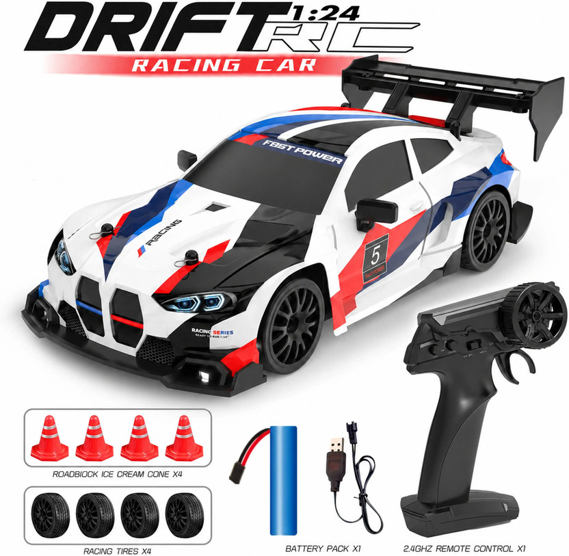 DWH 4WD High-Speed RC Drift Car with LED Lights, Rechargeable Battery (BMV)(Pearl White with Racing Graphics.)
