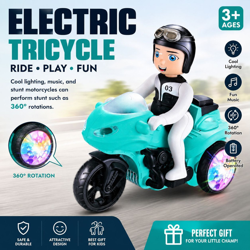 VRIWIS Kids Electric Stunt Bike Toy with Flashing LED Wheels and Sound Effects(Sky Blue)
