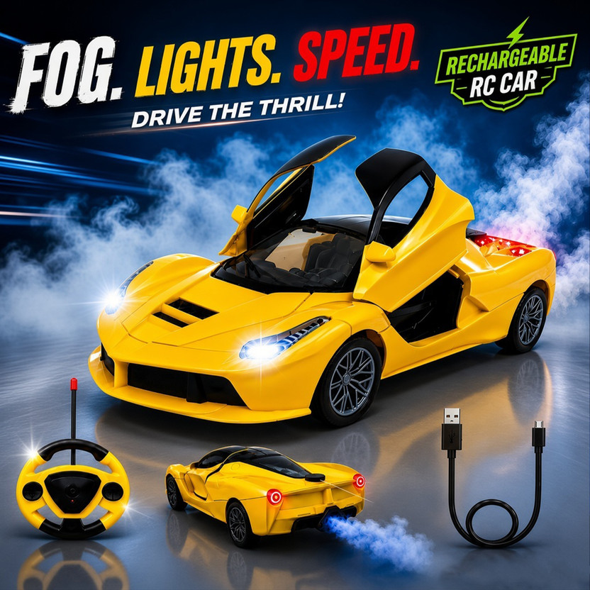 Buddynjoy High Speed Rechargeable Remote Control Sports Racing Car with smoke for Kids(Yellow)
