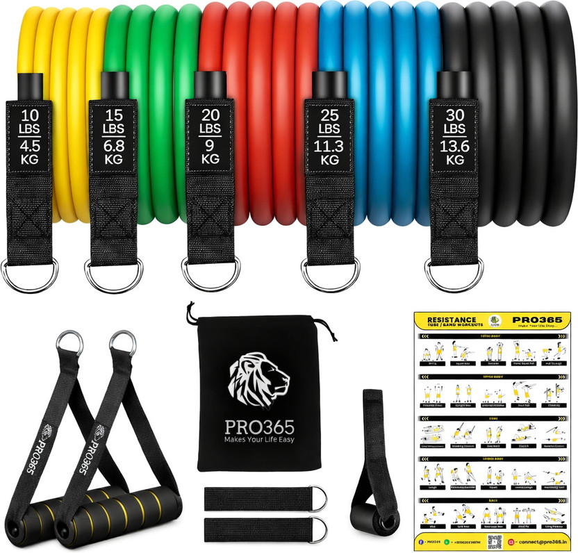 PRO365 Premium Resistance Bands with Door Anchor/ Foam Handles/ Bag and Ankle Straps Resistance Tube(Red, Yellow, Black, Blue, Green)